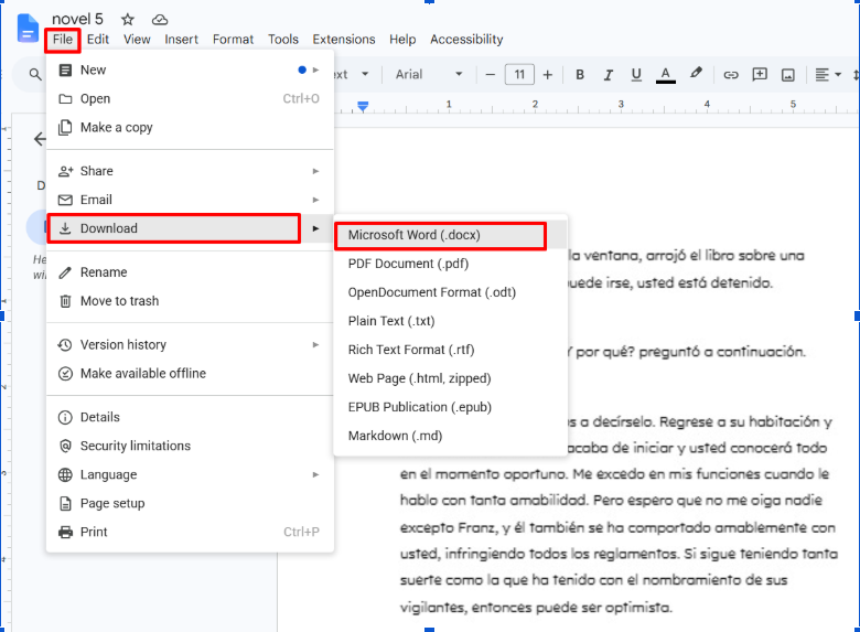 convert and download as word file in google drive