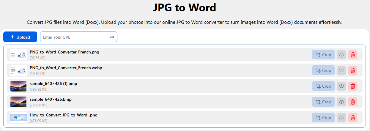 JPG to Word tool showing uploaded images before DOCX conversion