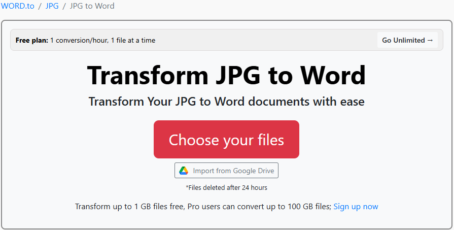 Upload JPG images to convert them into Word documents