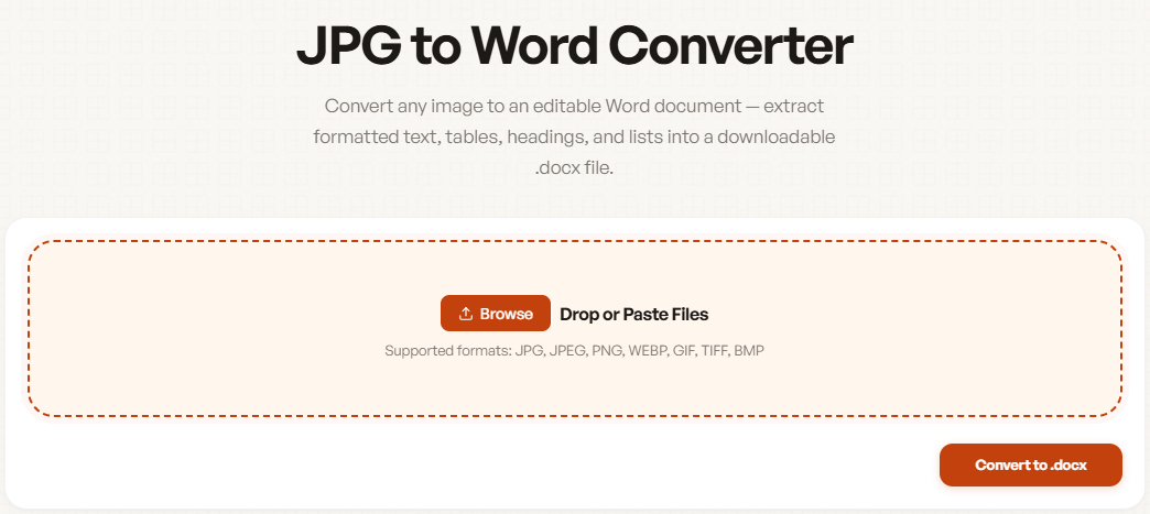 Online JPG to DOCX converter upload screen
